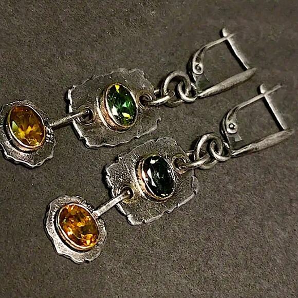Silver Citrine Peridot Dangle Vintage Boho Earrings - Picture 5 of 5